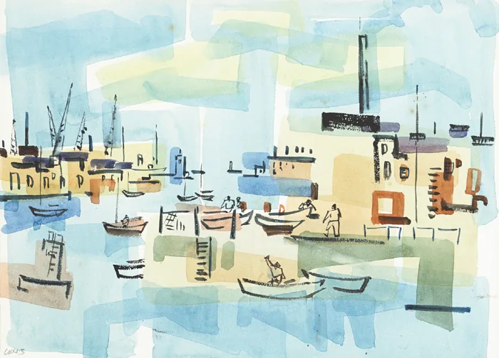 HARBOUR SCENE by Desmond Carrick, watercolour, sold Dec 2014