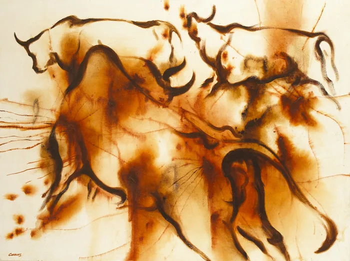 CHARGING BULLS by Desmond Carrick, oil on canvas, offered Dec 2014