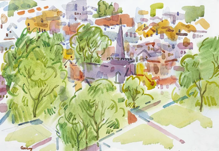 TOWNSCAPE by Desmond Carrick, 2000, watercolour over pencil, offered Dec 2014
