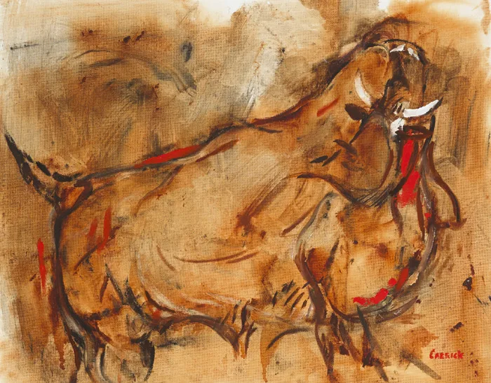 STARTLED BULL by Desmond Carrick, 2008, oil on canvas board, offered Dec 2014