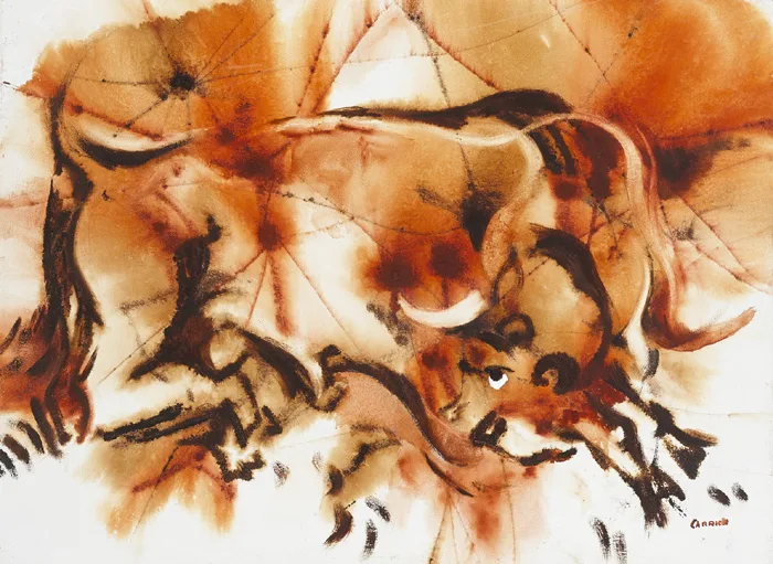 BULL JUMPING by Desmond Carrick, oil on canvas, offered Dec 2014