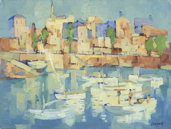 MOORED BOATS by Desmond Carrick, oil on canvas, sold Dec 2014