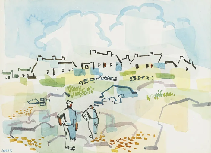 FARMER AT WORK WITH COTTAGES BEYOND by Desmond Carrick, watercolour, offered Dec 2014