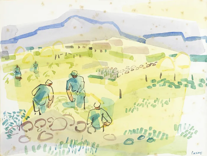 WORKERS IN A FIELD by Desmond Carrick, watercolour, offered Dec 2014