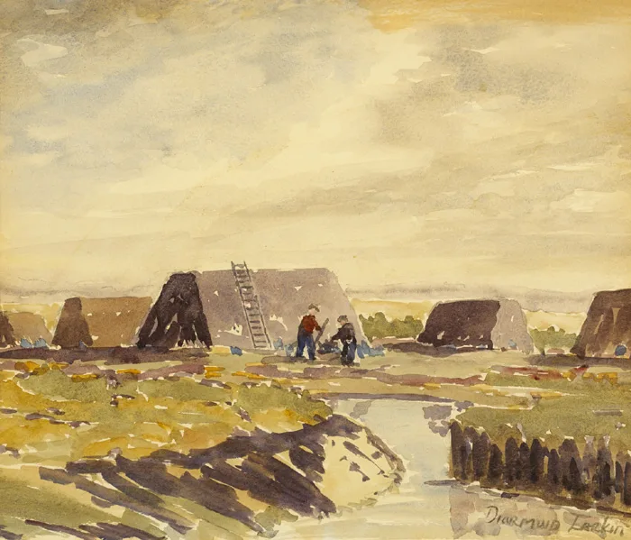 TURF CUTTERS by Diarmuid Larkin, watercolour, offered Dec 2014