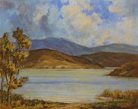 LAKE AND MOUNTAIN SCENE by Padraic Woods, oil on canvas, sold Dec 2014