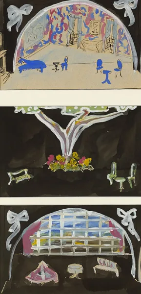 THREE SET DESIGNS FOR OSCAR WILDE'S THE IMPORTANCE OF BEING ERNEST; SET DESIGN FOR FRANCIS STUART'S STRANGE GUEST and ONE OTHER by Anne Yeats, watercolour, gouache, pen and ink on paper; (5), sold Dec 2014