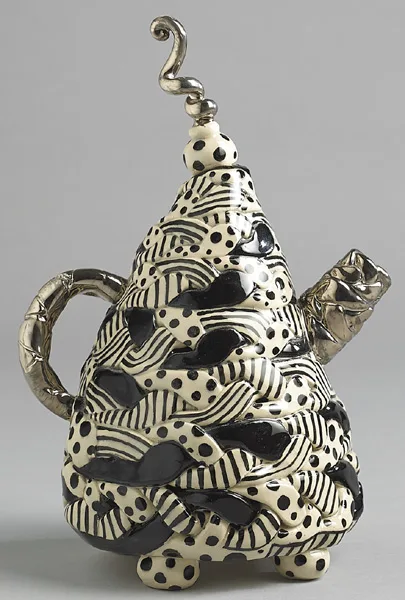SPOTS AND STRIPES TEAPOT IN BLACK AND WHITE by Ann-Marie Robinson, 2008, ceramic; (unique), sold Dec 2014