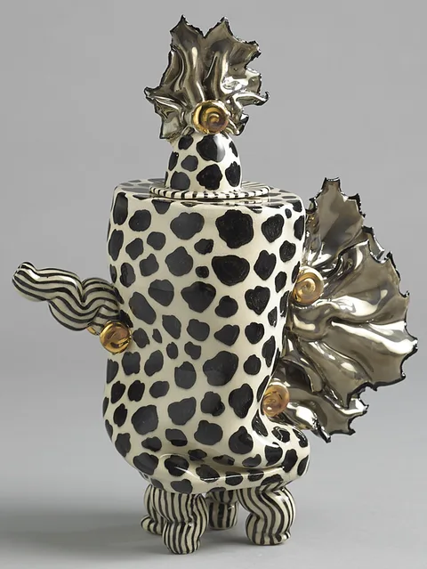 BLACK AND WHITE POLKA DOT TEAPOT by Ann-Marie Robinson, 2009, ceramic; (unique), sold Dec 2014