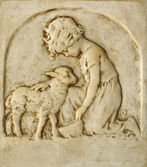 CHILD WITH LAMB by Sophia Rosamond Praeger, plaster relief panel, sold Dec 2014
