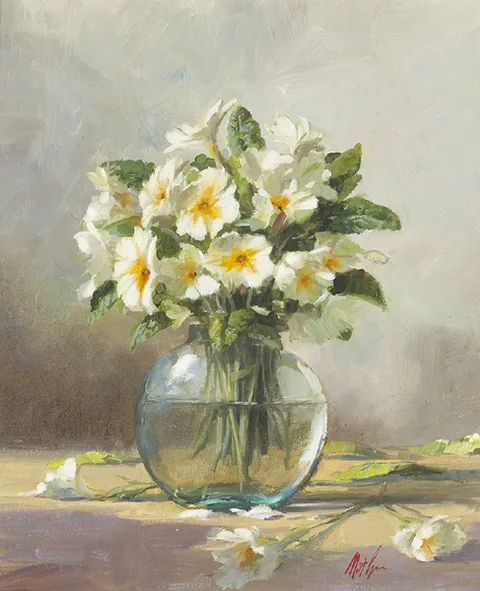 Matt Grogan, STILL LIFE WITH PRIMROSES, oil on board