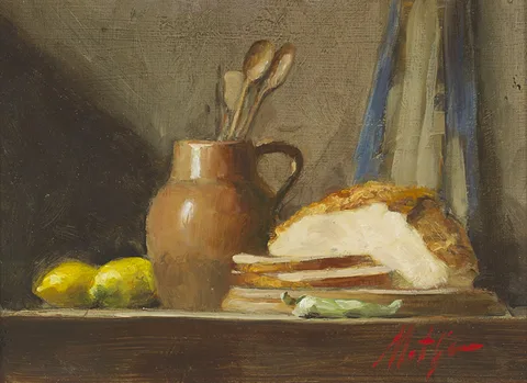 STILL LIFE WITH LEMONS AND SLICED BREAD by Matt Grogan, oil on board, offered Dec 2014