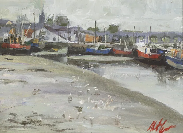 HARBOUR SCENE by Matt Grogan, oil on board, offered Dec 2014