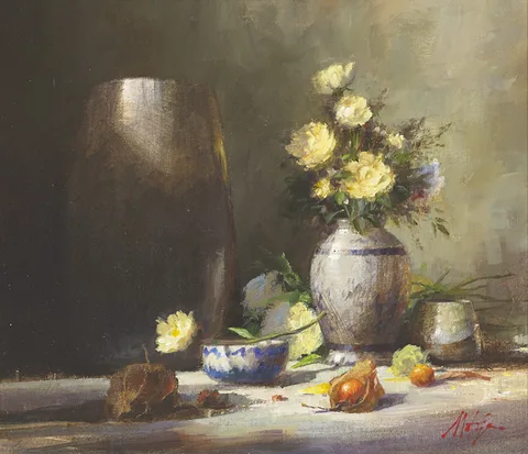 Matt Grogan, FLORAL STILL LIFE WITH CHINESE LANTERNS, oil on board