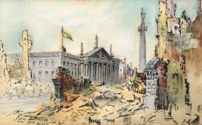 DUBLIN 1916 INCLUDING A VIEW OF THE IRISH REPUBLIC FLAG OVER THE G.P.O., SACKVILLE STREET (A PAIR) by Edmond Delrenne, pastel; (2), sold May 2014