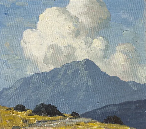 Paul Henry, TURF STACKS WITH MOUNTAIN BEYOND, c.1940, oil on canvas laid on board