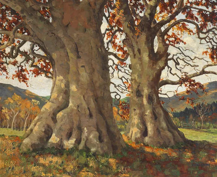 ANCIENT TREES, POWERSCOURT, COUNTY WICKLOW by Mabel Young, oil on canvas, sold May 2014
