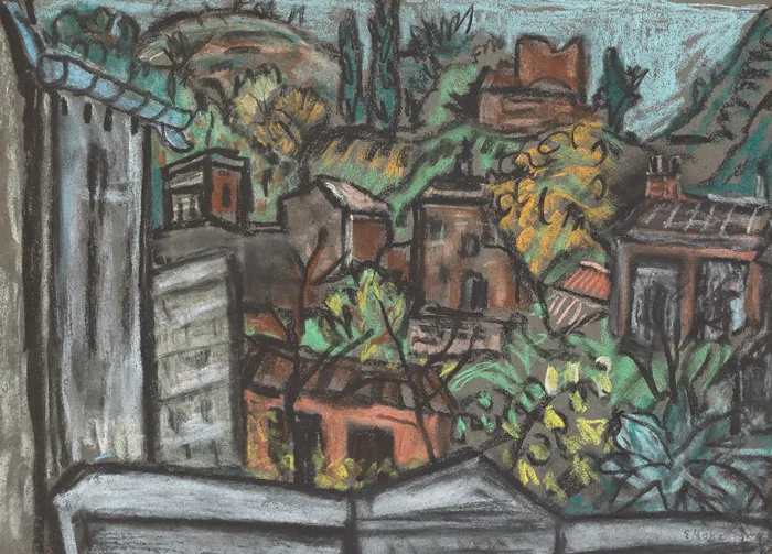 Evie Hone, HOUSES NEAR SERRIÈRES, FRANCE, pastel on tinted paper