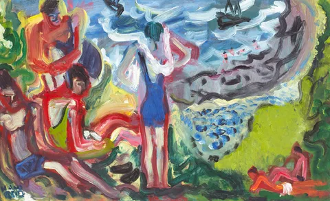 BATHERS AT MORNINGTON by Nano Reid, c.1945, oil on panel, sold May 2014