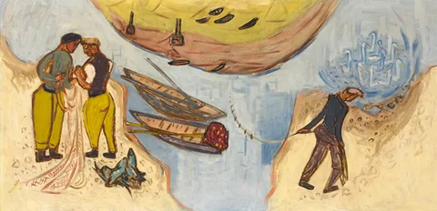 Nano Reid, SALMON FISHING ON THE BOYNE, c.1950, oil on panel