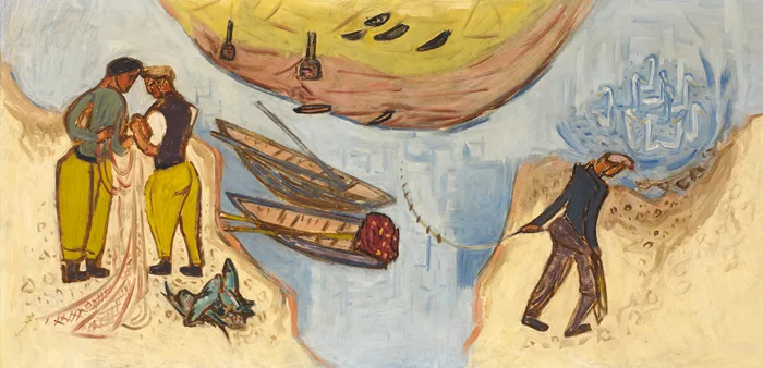 Nano Reid, SALMON FISHING ON THE BOYNE, c.1950, oil on panel