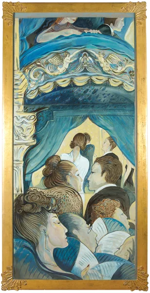 Pauline Bewick, WYNDHAMS THEATRE (TRIPTYCH), 1984-85, watercolour with gouache, ink and gold paint on paper