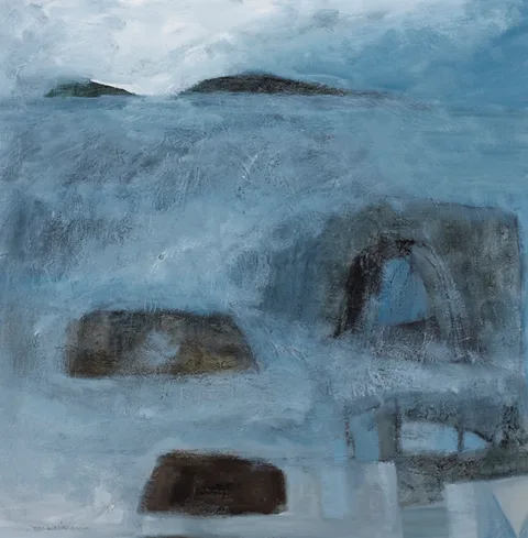 TWO CURRAGHS ON A REMOTE BEACH, THE MULLET, COUNTY MAYO by Padraig Macmiadhachain, oil on canvas, sold May 2014