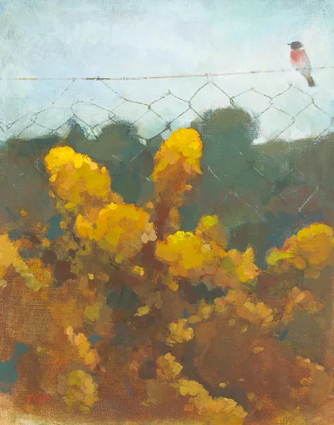 GORSE AND ROBIN ON A WIRE by Tom Carr, oil on canvas, sold May 2014