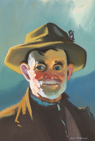 ELDERLY MAN WITH HAT by John Skelton, gouache, offered May 2014