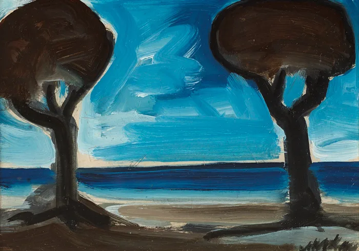 SEASCAPE WITH TWO TREES by Markey Robinson, oil on board, sold May 2014