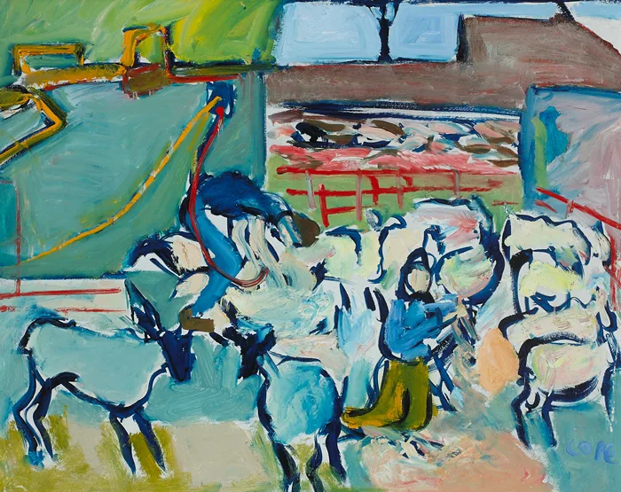SHEEP SHEARING by Elizabeth Cope, oil on board, sold May 2014