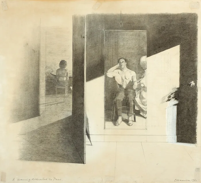 A DRAWING DEDICATED TO PAUL by Colin Harrison, 1981, pencil with white chalk, sold May 2014