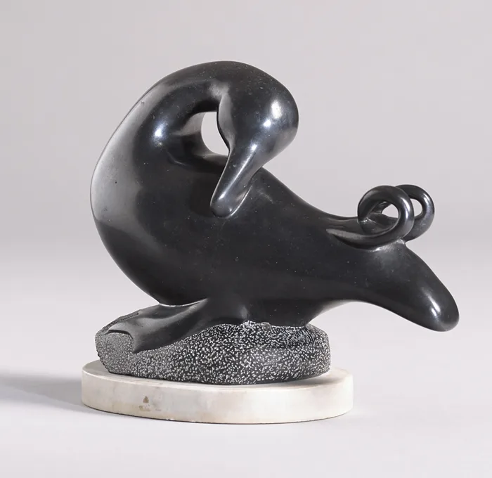Richard O'Meara, SLEEPING DUCK, c.1993, polished limestone on white marble base; (unique)