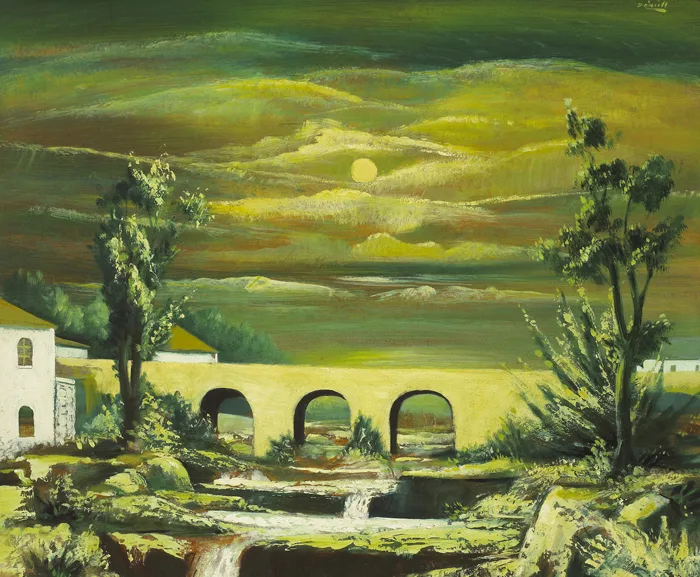 THE BRIDGE by Daniel O'Neill, c.1963, oil on board, sold Feb 2014