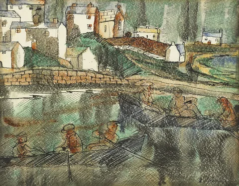Basil Rakoczi, FIGURES IN BOATS, INISHMORE, ARAN ISLANDS, pen and ink with watercolour