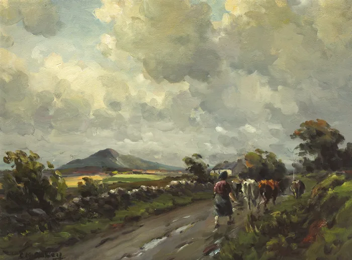 HERDING CATTLE by Charles McAuley, oil on board, offered Feb 2014