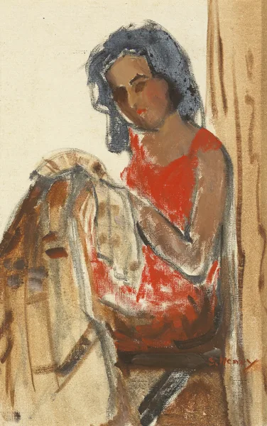 MENDING by Grace Henry, oil on canvas board, offered Feb 2014