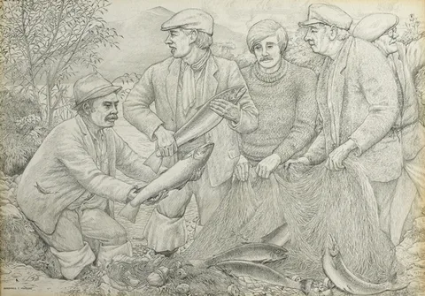 Marshall C. Hutson, FISHERMAN, GLENBURY 1975-76 and ST. FINANS BAY, COUNTY KERRY 1976 (A PAIR), pencil; (1); oil on board; (1)