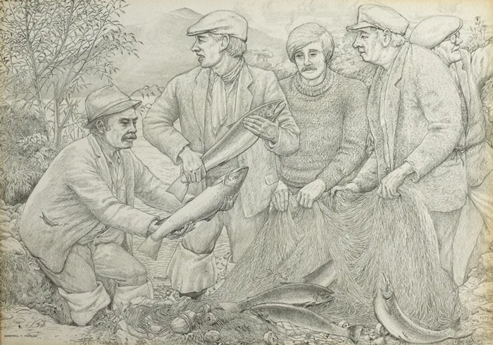 Marshall C. Hutson, FISHERMAN, GLENBURY 1975-76 and ST. FINANS BAY, COUNTY KERRY 1976 (A PAIR), pencil; (1); oil on board; (1)