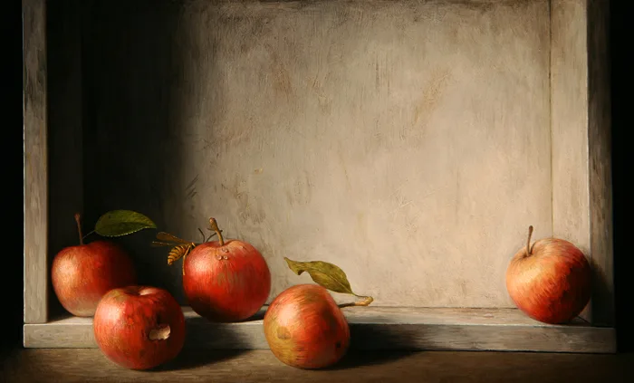 FIVE APPLES IN A DRAWER by Stuart Morle, oil on copper, sold Feb 2014