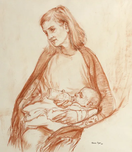 MARY AND MYLEEN by Thomas Ryan, 1970, conté, sold Feb 2014