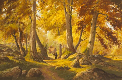 Roy Gaston, FIGURE IN THE WOODS, oil on canvas