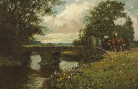 Thomas Hope McKay, HORSEMAN AND FISHERMAN NEAR A BRIDGE, oil on canvas