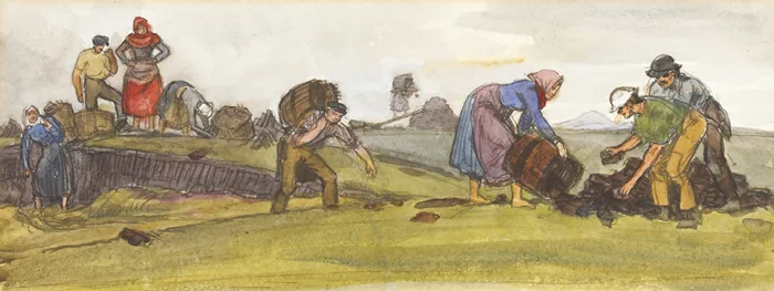 Randolphe Schwabe, SAVING THE TURF, DONEGAL and PONY AND TRAP (A PAIR), watercolour over pen and ink and pencil; (1); pen and ink and wash; (1)