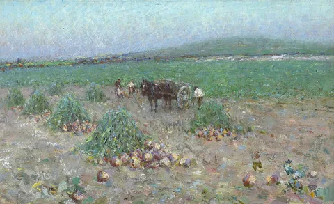 Nathaniel Hill, TURNIP GATHERING, c.1889, oil on board