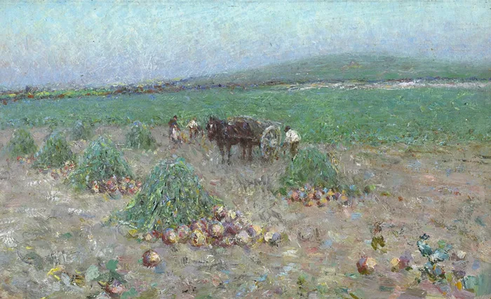TURNIP GATHERING by Nathaniel Hill, c.1889, oil on board, offered Nov 2013