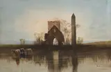 Andrew Nicholl, CATTLE WATERING - ABBEY AND ROUNDTOWER, DEVENISH ISLAND