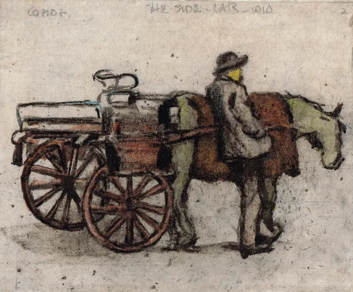 William Conor, THE SIDE CAR, 1910, crayon with watercolour; (squared for transfer)