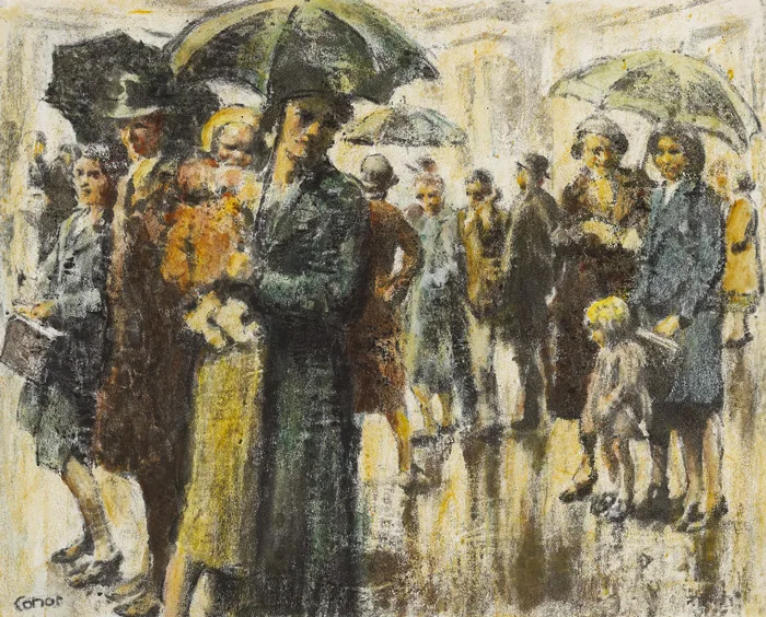 RAINY DAY, BELFAST by William Conor, watercolour and wax crayon on paper, offered Nov 2013