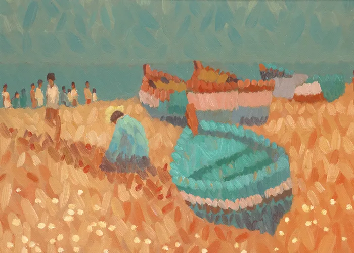 NET MENDER AT NERJA, SPAIN by Desmond Carrick, oil on canvas board, sold Nov 2013